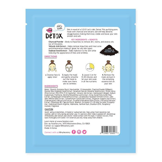 FACETORY K Beauty Face Mask Skin Care - LET'S TALK DETOX PURIFYING Sheet Mask with Charcoal & Volcanic Ash | Pore Refining Charcoal Face Mask (5 Pack)