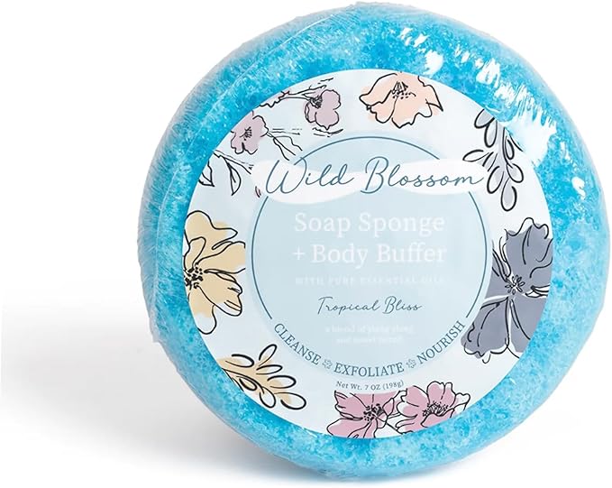 Soap Sponge and Exfoliating Body Buffer, 7 Ounce Scrub with Shea Butter and Essential Oils, Tropical Bliss