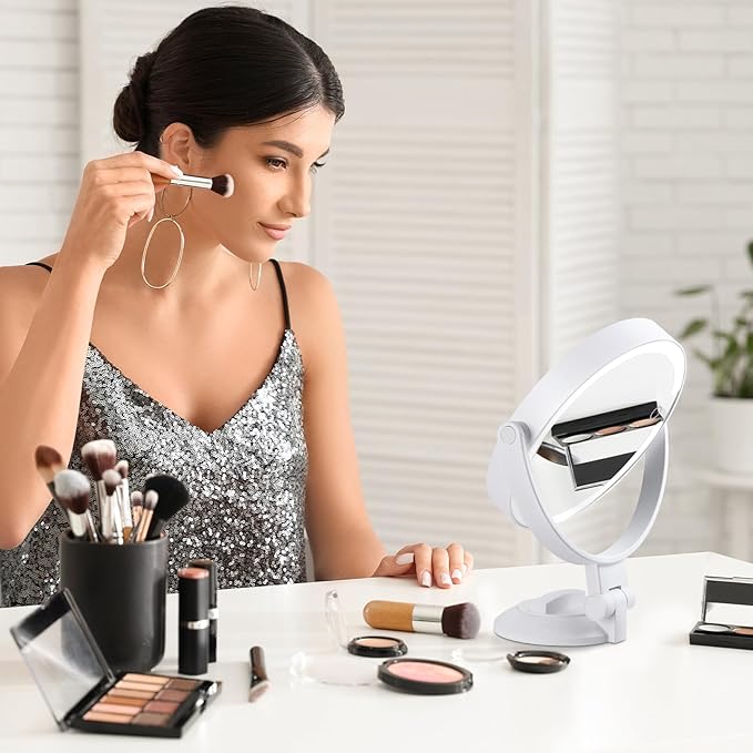 1X 10X Magnifying Mirror with Lights, Rechargeable 2 Sided Lighted Magnification Makeup Mirror, 3 Color Settings Desk Vanity Mirror, 360° Swivel Locking Suction Mount Bathroom Shaving Mirror