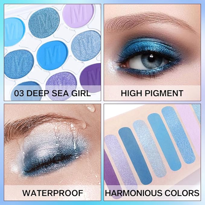 9 Colors Blue Violet Eyeshadow Palette Makeup, Blendable Matte Shimmer, Light Steel Violet Deep Sky Blue Light Steel Cornflower Amethyst Purple Palette Eye Shadow, 03