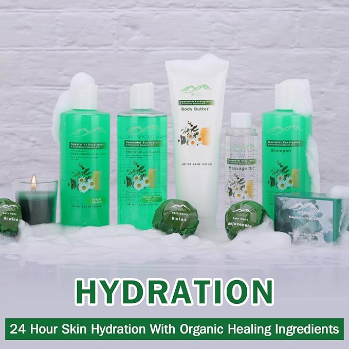 Bed Bath & Body Spa Gift Basket. Spearmint Eucalyptus Pampering XL Bath Basket for Relaxing Gift. Natural & Sulfate Free Relaxation Gift Care Package for Men & Women. Best Bath Gift Set