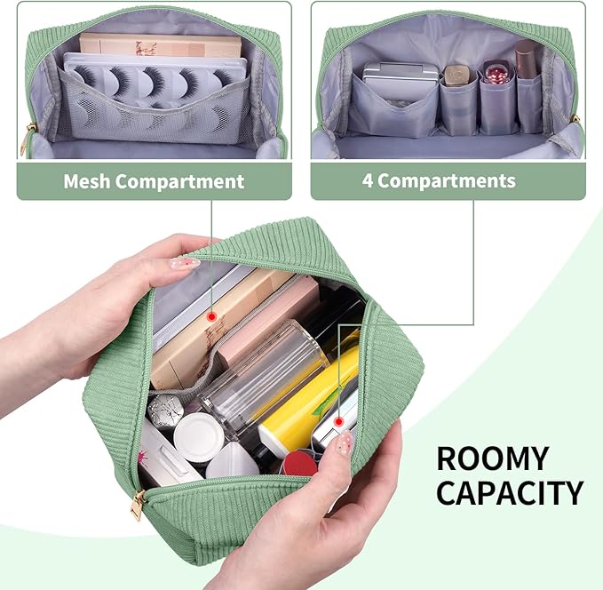 MAGEFY Small Makeup Bag for Purse Portable Makeup Pouch with Compartments Corduroy Make up Bag for Women Travel Cosmetic Essential (Green, SKIN)