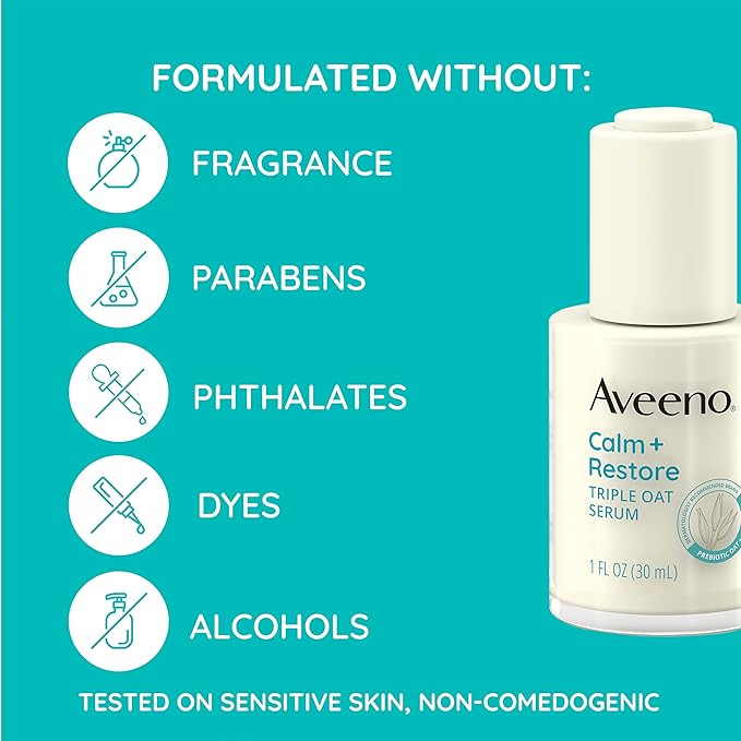 Aveeno Calm + Restore Triple Oat Hydrating Face Serum for Sensitive Skin, Gentle, Lightweight Facial Serum Instantly Smooths Skin, Fast-Absorbing, Hypoallergenic & Fragrance-Free, 1 fl. oz