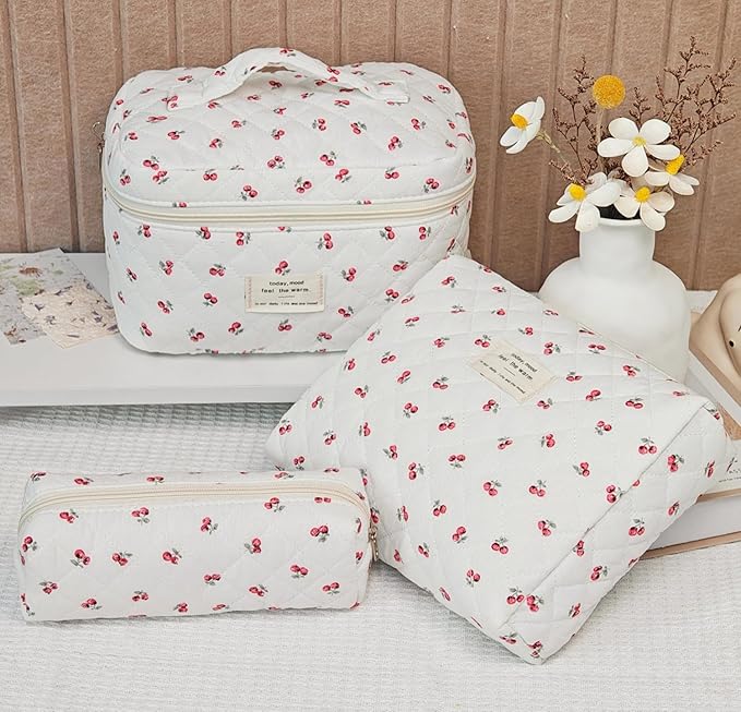 3 Pack Makeup Bag Set, Quilted Cosmetic Bag, Large Floral Makeup Bags, Cotton Makeup Bags, Coquette Makeup Pouch, Make Up Organizer Bag, Flower Travel Toiletry Bag (Cute Cherry)