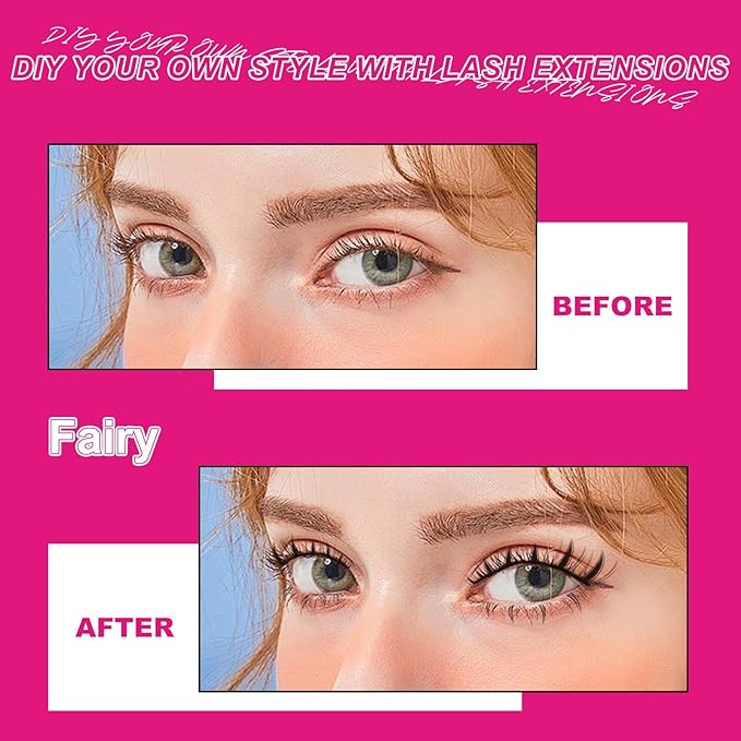 Fairy Lash Clusters Kit Fluffy Individual Lashes D Curl Cluster Eyelash Extensions 10-18mm DIY Lash Extension Kit Lash Bond and Seal Waterproof, Lash Applicator, Fairy-Kit