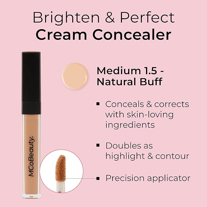 MCoBeauty Brighten & Perfect Cream Concealer, 6 Medium Natural Buff, Brightening Coverage for Flawless Complexion, Vegan, Cruelty Free Cosmetics