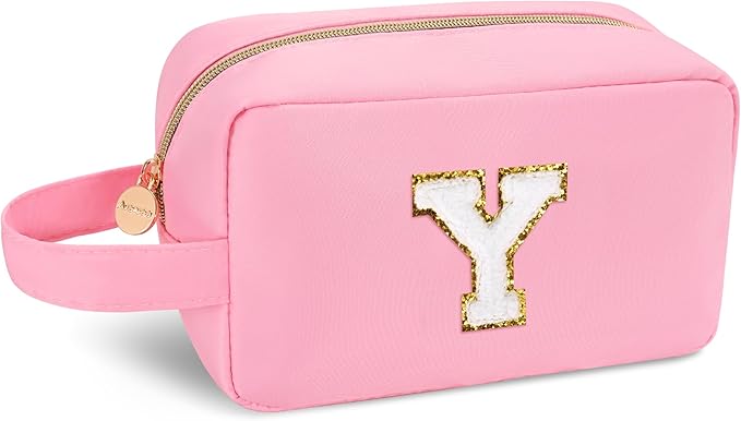 Aveniee Monogram Makeup Bag for Women,Initial Cosmetic Toiletry Bag Pouch,Travel Organizer,Friendship or Birthday Gifts for Women Teen Girls Sister Teacher-Pink Y