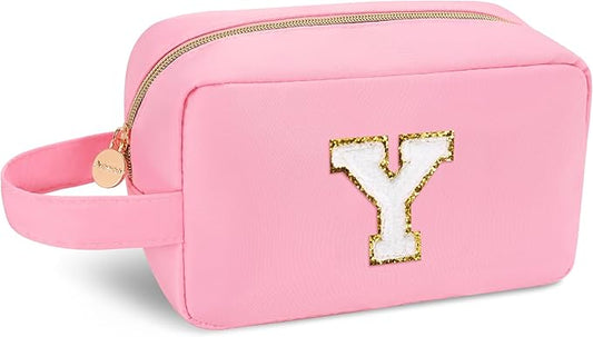 Aveniee Monogram Makeup Bag for Women,Initial Cosmetic Toiletry Bag Pouch,Travel Organizer,Friendship or Birthday Gifts for Women Teen Girls Sister Teacher-Pink Y