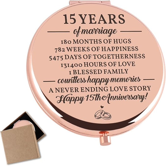 15 Years Anniversary Wedding Gifts for Her Rose Gold Compact Mirror Happy 15th Anniversary Marriage Gift 15th for Her Wife Mom