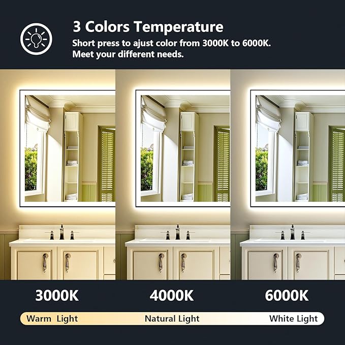 88x38 Inch LED Bathroom Mirror with Lights (Front Lit and Backlit) Black Framed Lighted Vanity Mirror for Bathroom Wall Dimmable Anti-Fog Memory Tempered Glass Horizontal/Vertical