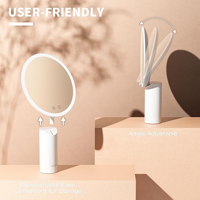 8.9" Lighted Makeup Mirror with 3 Colors, 1X/10X Touch Screen Magnifying Mirror with Light, Rechargeable Table Light up Mirror with Adjustable Stand, Brightness Dimmable Vanity Mirror