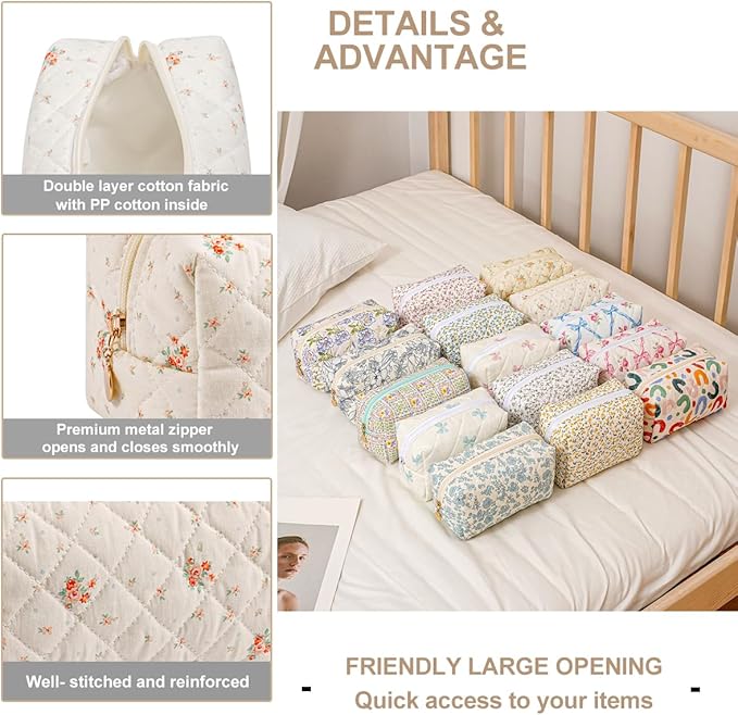 Gleyemor Small Quilted Makeup Bag for Women, Cute Floral Bow Cosmetic Bag, Emergency Bag Travel Toiletry Cotton Pouch Gifts for Girls Her Mom Friend Sister Bridesmaid (White Floral)