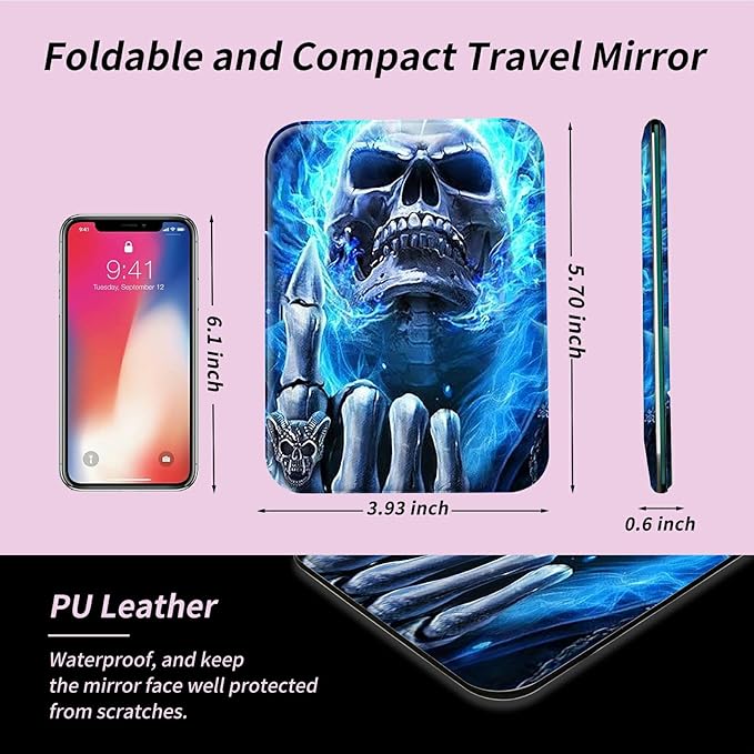 Blue Flame Skull Fingers Folding Travel Mirror Vanity Mirror PU Leather Portable Adjustable Rectangular Ultrathin Makeup Mirror,for Travel, Camping,Home