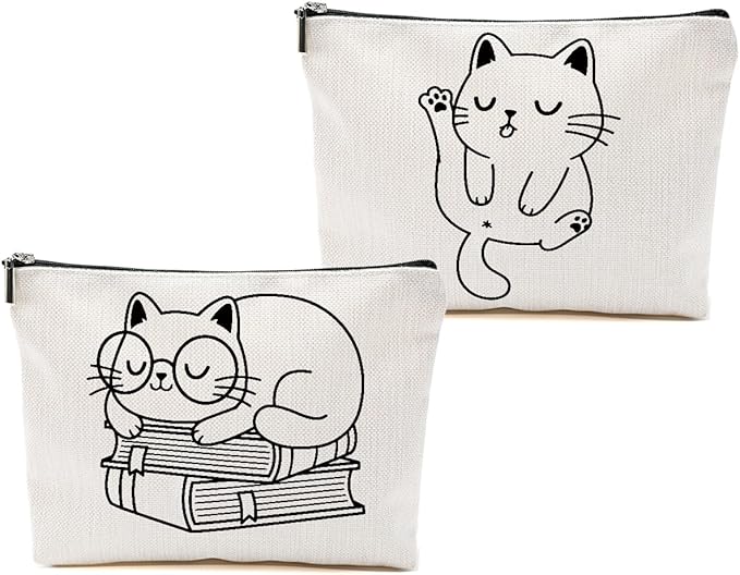2pcs Cute Cat Themed Gifts for Women Makeup Bag, Book Lovers Cosmetic Bag Christmas Birthday Gifts for Women Female Girls Sister BFF, Cat and Book Travel Toiletry Bags