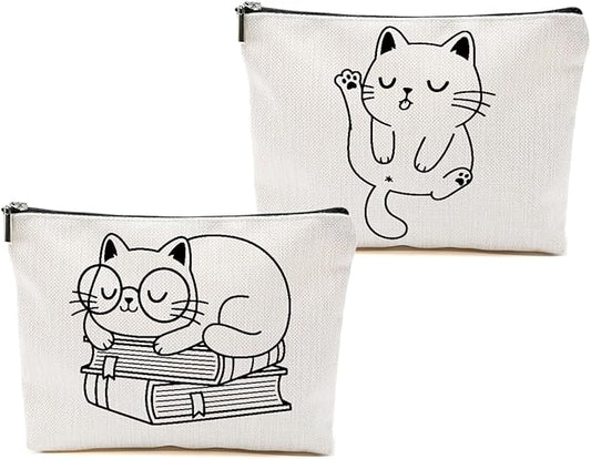 2pcs Cute Cat Themed Gifts for Women Makeup Bag, Book Lovers Cosmetic Bag Christmas Birthday Gifts for Women Female Girls Sister BFF, Cat and Book Travel Toiletry Bags