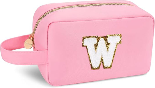 Aveniee Personalized Travel Makeup Bag for Women,Monogram Initial Cosmetic Bag Toiletry Pouch,Cute Preppy Organizer,Christmas Birthday Gifts for Women Teen Girls Sister-Pink W