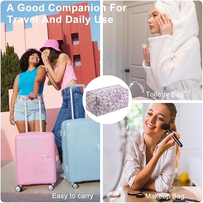 Gleyemor Small Quilted Makeup Bag for Women, Cute Floral Bow Cosmetic Bag, Emergency Bag Travel Toiletry Cotton Pouch Gifts for Girls Her Mom Friend Sister Bridesmaid (Purple Floral)