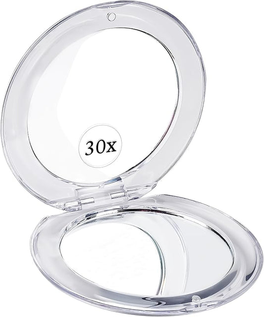 MIRRORVANA Small Compact 30X Magnifying Mirror for Travel - Handheld, Foldable & Very Lightweight - Mini Pocket-Sized Magnified Mirror for Purse - Round 3.3” Diameter