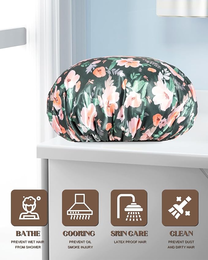 Auban Terry Lined Triple Layer Large Shower Cap for Women, Waterproof Hair Cap