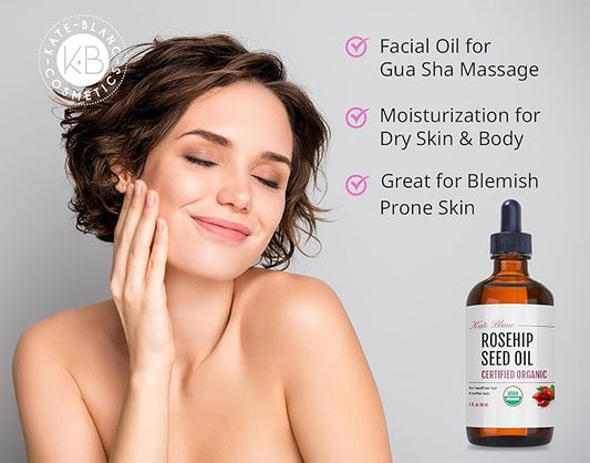 Kate Blanc Cosmetics Rosehip Oil for Face & Skin (1oz, Organic, Pure, Cold Pressed) Rosehip Seed Face Oil for Facial & Gua Sha Massage