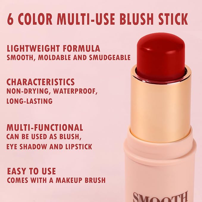 Multi-use Blush Stick, Monochromatic Face Beauty Wand for Cheek, Eyeshadow and Lip, Longwear Waterproof Matte Finish Cream Blush Makeup Stick with Brush for Women, 0.28oz (Hot Red #03)