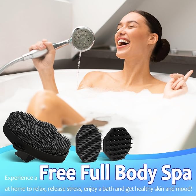 3 Soft Silicone Scrubbers - Body Exfoliating Brush Skin Massage Shower Scrubber Body Buffer, with Super Soft Handheld Facial Cleansing Brush, with Hair Shampoo Brush Scalp Massager (Black)