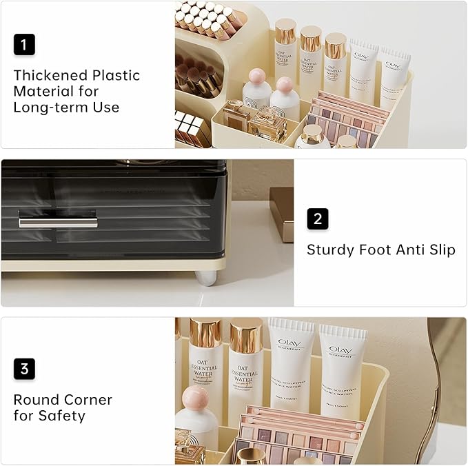 Makeup Organizer for Vanity, Countertop Organizer With Drawers, Spacious Cosmetic Display Case for Beauty Essential, Skincare, Lipstick, Cream White