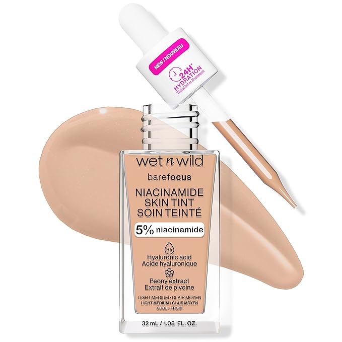 wet n wild Bare Focus Skin Tint, 5% Niacinamide Enriched, Buildable Sheer Lightweight Coverage, Natural Radiant Finish, Hyaluronic & Vitamin Hydration Boost, Cruelty-Free & Vegan-Light Medium
