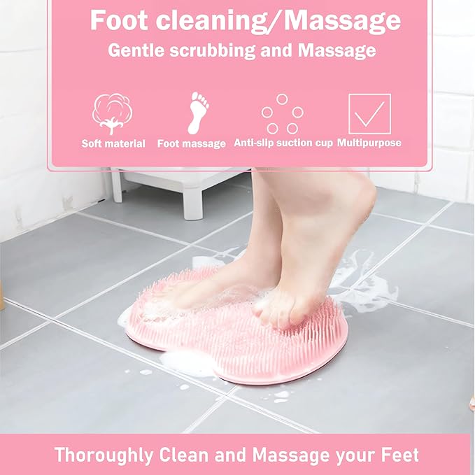 Shower Foot and Back Scrubber Mat,Wall Mounted Shower Foot Scrubber with Suction Cups,Exfoliating Silicone Massage Foot Cleaner for Shower(Pink)