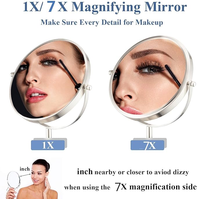 19 Inch Tabletop Makeup Mirror 8 Inch Double-Sided 7X Magnification, High Adjustable Mirror with Pedestal for Bathroom, Standing Chrome Finish (Silver)