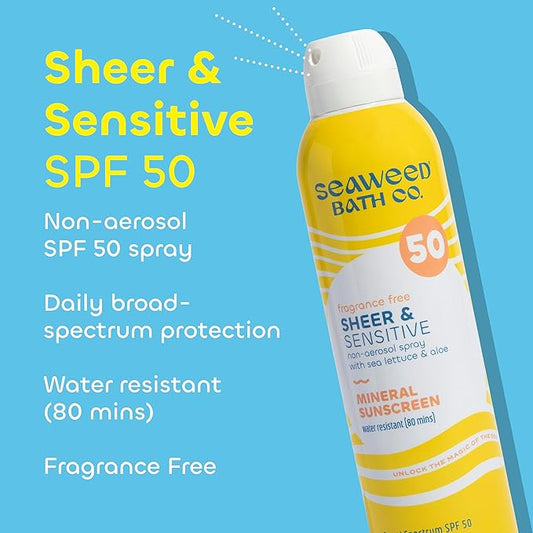 Seaweed Bath Co. Sheer Mineral Sensitive SPF 50 Broad Spectrum Sunscreen Spray, 6 Ounce (Pack of 2), Fragrance Free, Sustainably Harvested Seaweed, Sea Lettuce, Aloe