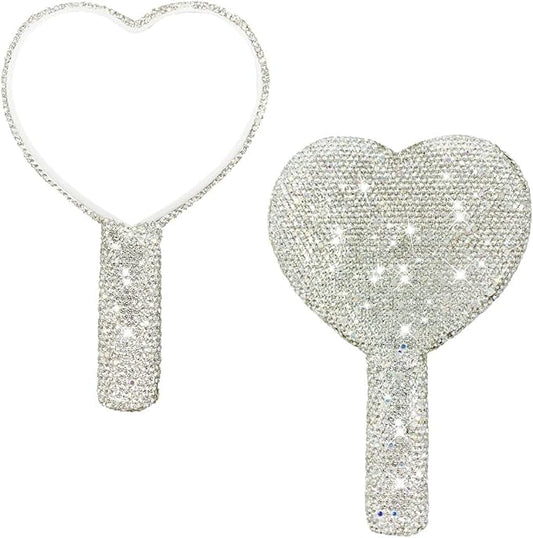 LOPURO Sparkling Rhinestone Heart Shaped Handheld Mirror, Rhinestone Handheld Heart Mirror Bling Glitter Cute Cosmetic Hand Mirror with Handle Portable Makeup Mirror for Women Travel