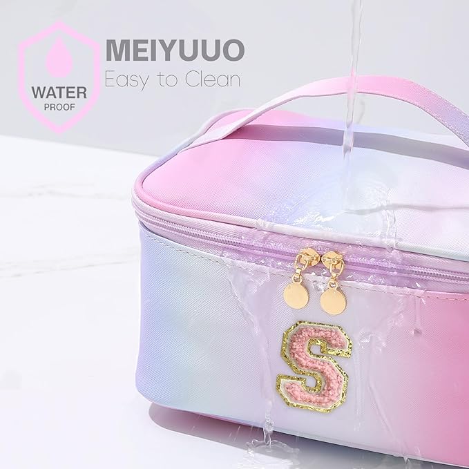 Meiyuuo Large Makeup Bag Cute Travel Pro Cosmetic Bags Personalized Chenille Letter Bag Travel Toiletry Organizer for Women Teen Girls Gifts for Her Preppy Rainbow Pink S