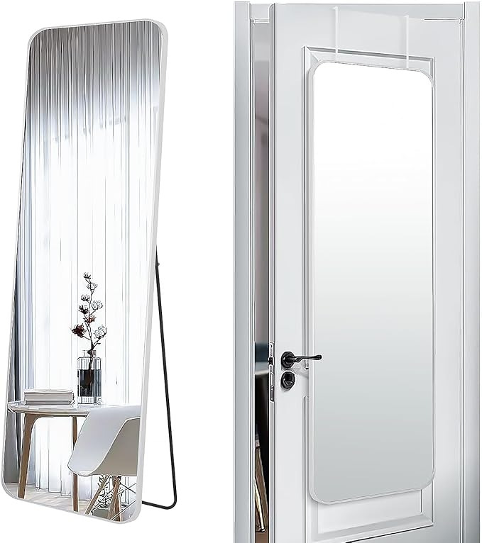 57x20 Door Hanging Full Length Mirror, Floor Stand (Height 5.7ft just Body in1.3ft) Wall Mounted Metal Frame Rectangle Dressing Mirrors for Bedroom Room 57 inch Silver