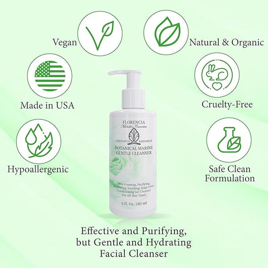 Florencia Botanical Marine Gentle Cleanser - Non-Foaming, Soap-Free, Hydrating Oil-Free Face Wash for Dry to Normal Skin - With Marine Algae & Organic Botanicals - Sensitive Skin, 6 oz