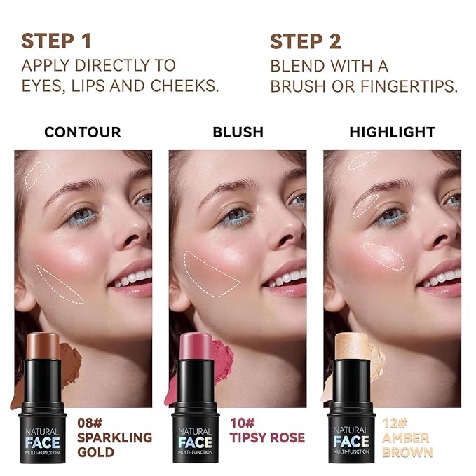 3 Colors Cream Contour Stick, Shades with Highlighter Stick,Blush Stick and Bronzer Contour Stick for Sculpt the Cheeks,Long Lasting,Waterproof,Matte & Dewy Finish for Women (LIGHT FAIR(8+10+12))