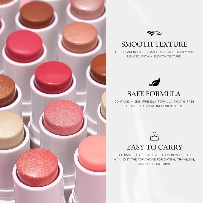 3 PCS Makeup Cream Contour Stick Set, Highlighter Stick & Bronzer Stick & Blush Stick, Long Lasting, Natural Face Contour, Dewy & Matte Finish, Multi Stick Trio for All Skin