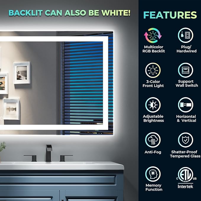 57x36 Inch RGB LED Bathroom Mirror Front Light and RGB Backlit Lighted Vanity Mirror for Bathroom Wall Mounted Dimmable Anti Fog Memory Shatter-Proof IP54 Waterproof Horizontal/Vertical