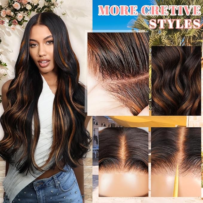 28 inch Balayage Brown Highlight 7X5 Lace Front Bye Bye Knots Glueless Wigs Human Hair Pre Plucked Pre Cut Bleached Knots Pre Everything Put on and Go Wig Highlight 1b30 Human Hair Wigs
