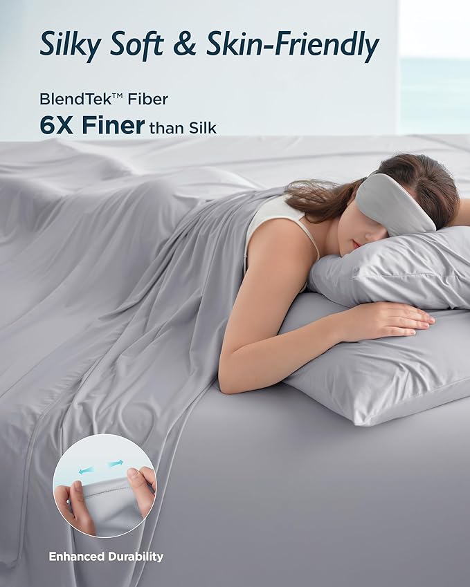 Breescape Cooling Sheet Set Twin Size - BlendTek™ Dry & Cool Technology for Hot Sleepers and Night Sweats, Q-Max>0.46 Tech, Deep Pocket Up to 18", 360° Elastic Band, Misty Gray