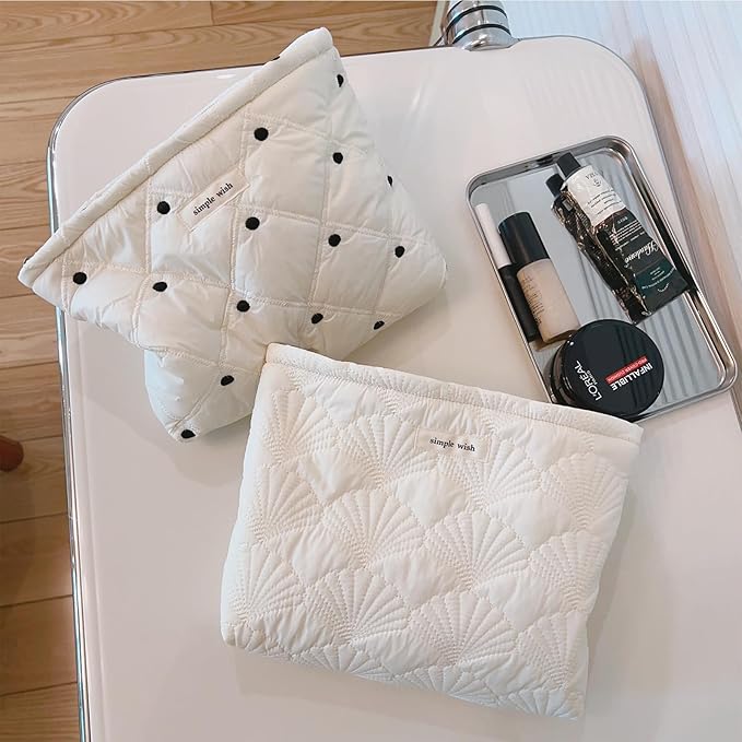 1PCS Quilted Cotton Makeup Bag Portable Travel Bag Cosmetic Bag Aesthetic Shell Toiletry Organizer Case Pouch Bag For Women Girls Pure White Color
