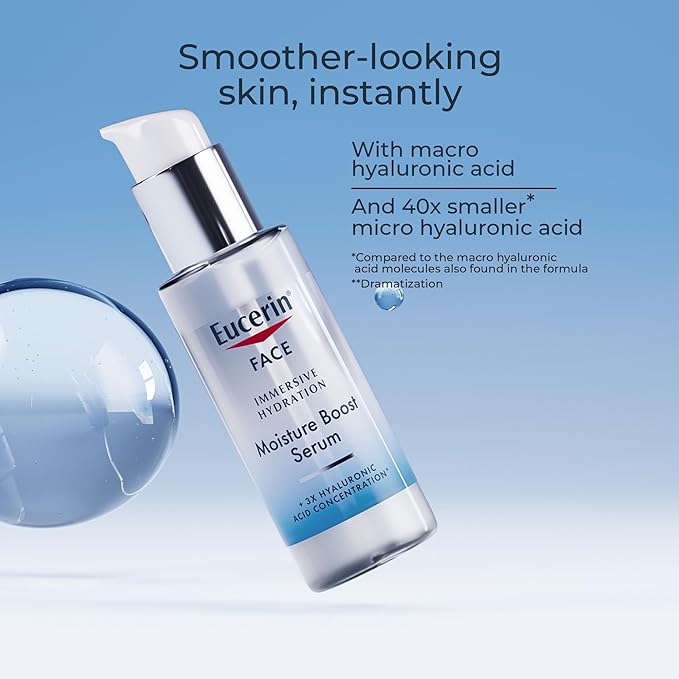 Eucerin Immersive Hydration Smoothing Face Serum, Ultra-Lightweight Hyaluronic Acid Serum Reduces the Look of Fine Lines and Wrinkles, Holiday Gifts for Self Care, 1 Fl Oz Bottle