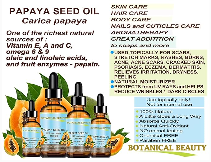 Botanical Beauty PAPAYA SEED OIL. 100% Pure / Natural / Undiluted /Refined Cold Pressed Carrier Oil. 0.5 Fl.oz.- 15 ml. For Skin, Hair And Lip Care.