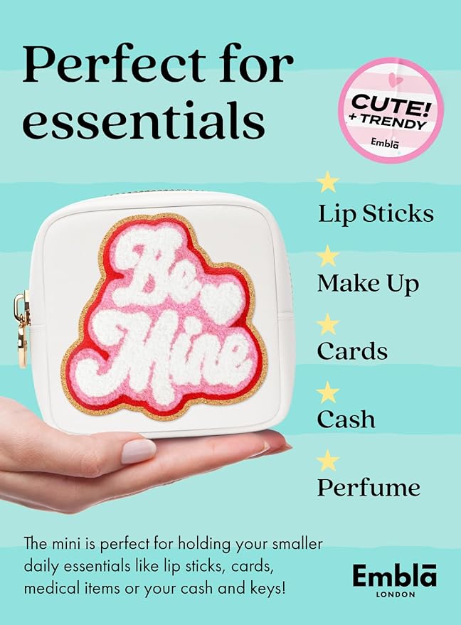 BE MINE Valentine Makeup Bag Travel Cosmetics Pouch and Toiletry Bag, Nylon Zipper Pouch Purse, Cute Make Up Organizer Storage Tote for Women Girls, Travel Skincare Case, Small Makeup Bags, White