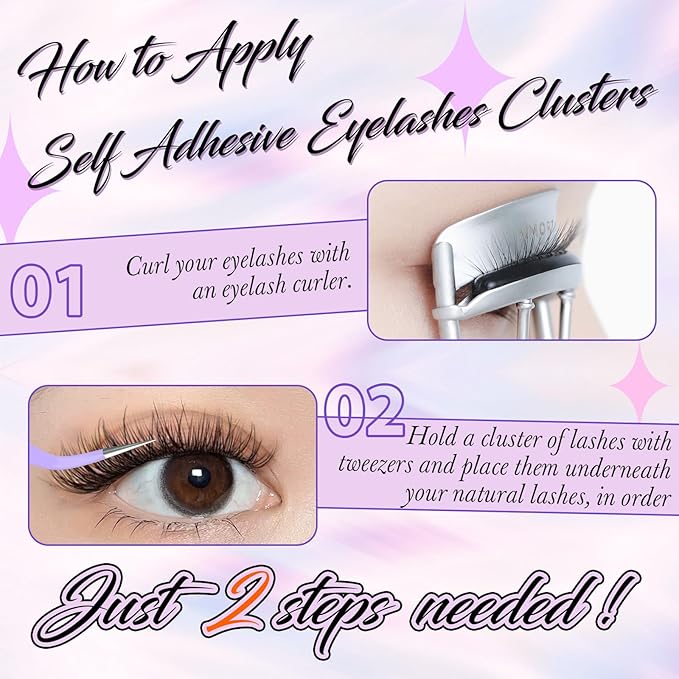 Self Adhesive Lash Clusters Natural No Glue Individual Lashes Wispy Self Adhesive Eyelash Clusters with Clear Strips DIY Eyelash Extensions(10-12MM)
