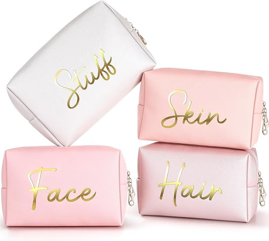 Aliceset 4 Pcs Preppy Makeup Bags Set Cute Travel Cosmetic Pouch Face Skin Hair Stuff Aesthetic Makeup Bags, PU Leather Waterproof Zipper Toiletry Pouch Gifts for Women Girl(Nude Pink)