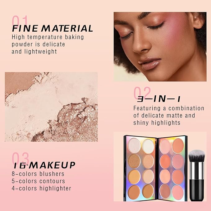 16 Colors Blush Contour Highlighter Makeup Palette, All-in-One Shimmer Silky Matte Mineral Blush Powder Face Sculpting Bronzer Blusher Illuminator for a Natural Glowing