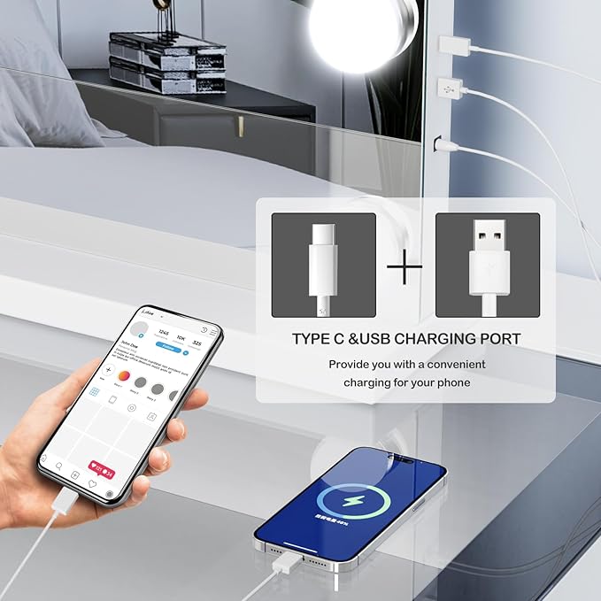 24 Extra Bulbs Vanity Mirror with Lights, 32WX24L Tabletop Hollyhood Makeup Mirror USB+Type-C Charging, Hollywood Lighted Mirror,3 Colors Modes,Touch Control,Metal Frame,White