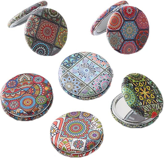 6 PCS Mixed-Color Bohemian Folding Makeup Mirror Portable Round Bread Mirror Thick Double Sided Pu Pocket Mirror