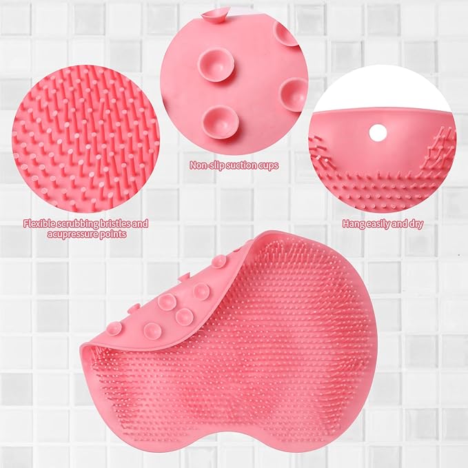 2PACK Shower Foot Scrubber Mat,Wall Mounted Back Scrubber Silicone Bath Massager Cushion Brush with Non-Slip Suction Cups,Foot Scrubber for Use in Shower for Improve Skin Exfoliation(Grey&Pink)